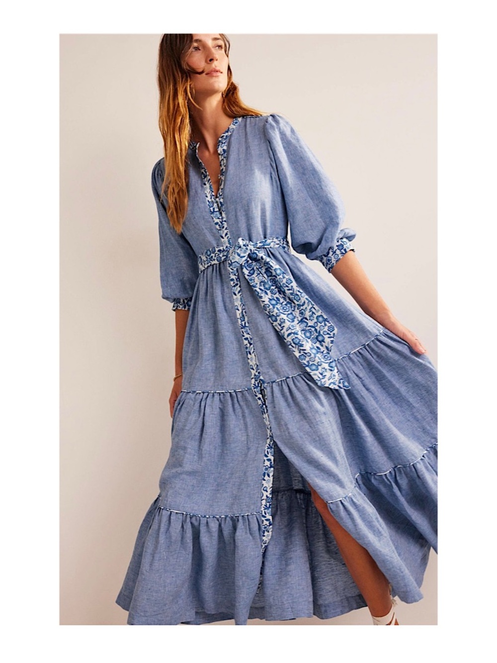 Boden Alma Linen Blue Tiered Maxi Dress with Floral Trim, EUC, 8P